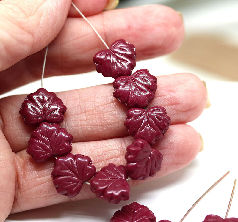 11x13mm Dark red maple czech glass leaf beads, 10pc