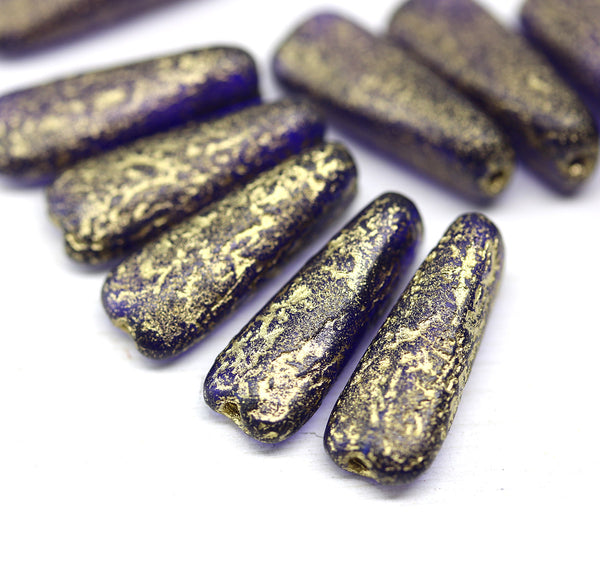 17x6mm Long cobalt blue triangle beads gold wash Czech glass, 10Pc