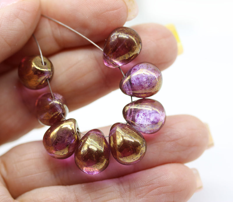 10x13mm Pink teardrops czech glass large briolettes with luster, 8pc