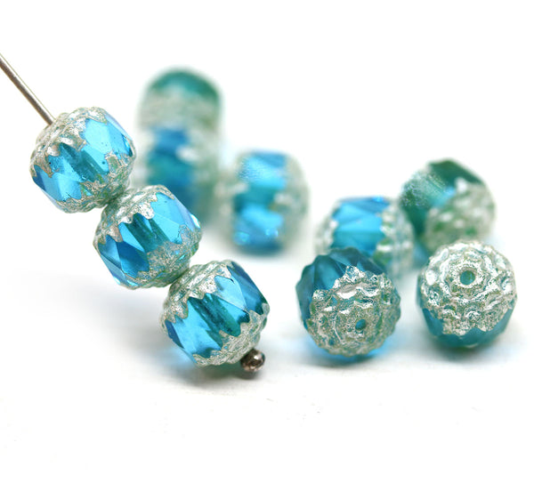 8mm Blue cathedral beads Czech glass silver ends