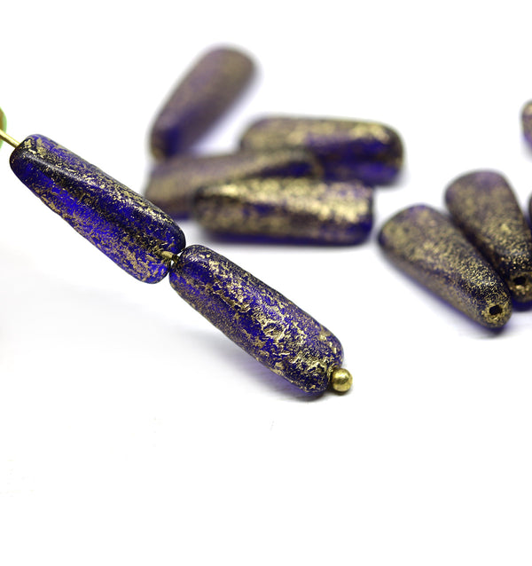 17x6mm Long cobalt blue triangle beads gold wash Czech glass, 10Pc