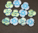 13mm White pansy flower beads blue inlays Czech glass AB finish, 6pc