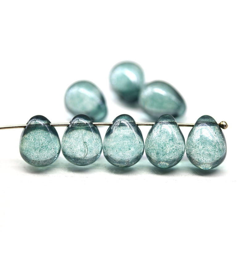 10x13mm Blue green teardrops czech glass large briolettes with luster, 8pc