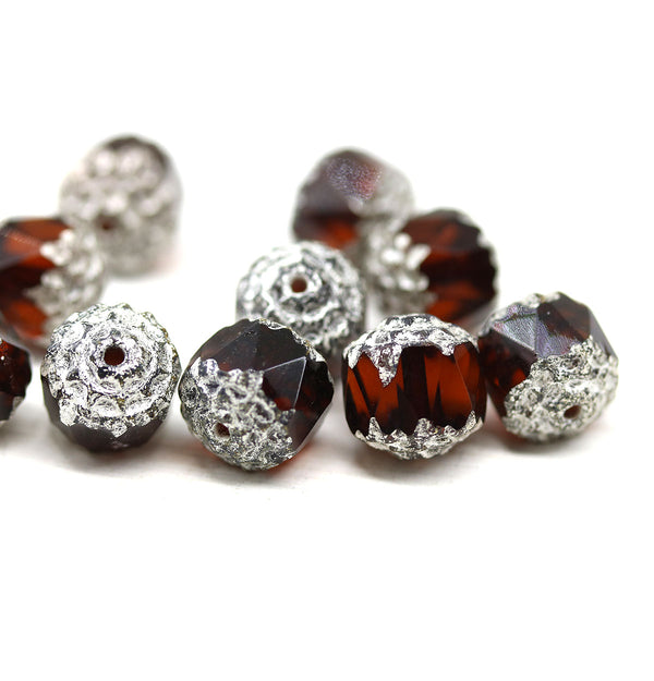 8mm Dark brown topaz cathedral beads Czech glass silver ends