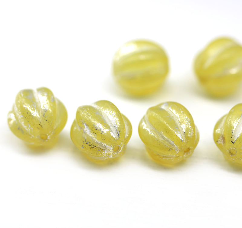 12mm Opal yellow melon czech glass beads, silver wash, 6pc