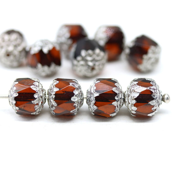 8mm Dark brown topaz cathedral beads Czech glass silver ends