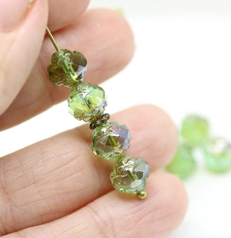 8mm Green luster ends rose bud flower round fire polished beads 10pc