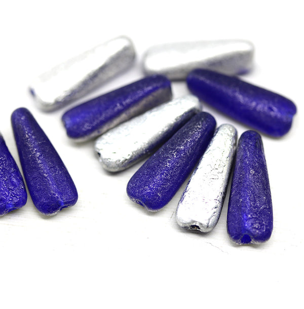 17x6mm Long cobalt blue triangle beads silver coating Czech glass, 10Pc