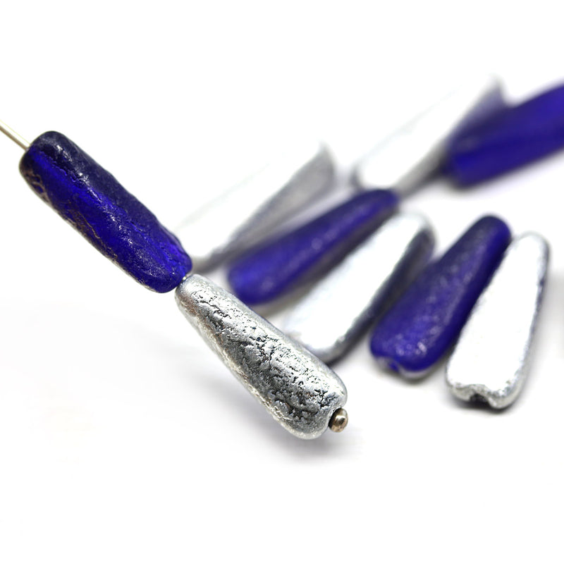 17x6mm Long cobalt blue triangle beads silver coating Czech glass, 10Pc