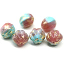 12mm Opal pink green melon czech glass beads, gold wash, 6pc