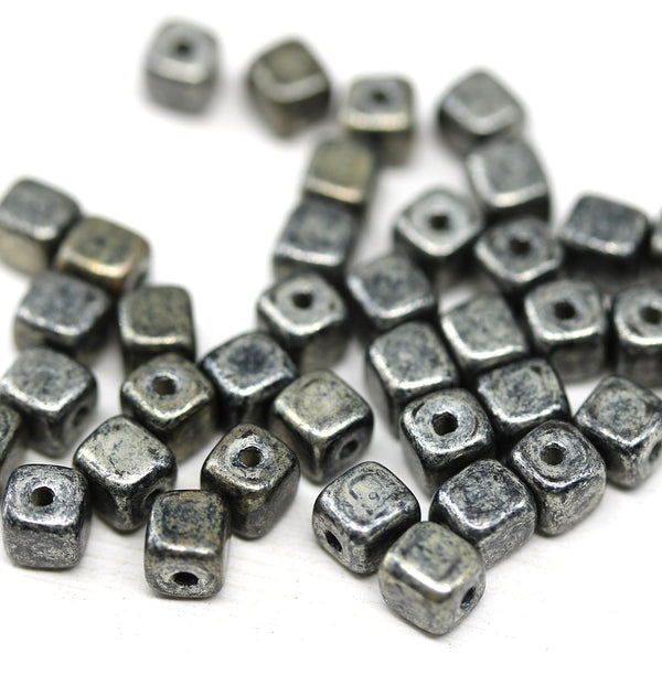 5mm Black silver cube czech glass beads, 40pc