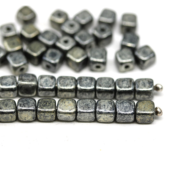 5mm Black silver cube czech glass beads, 40pc