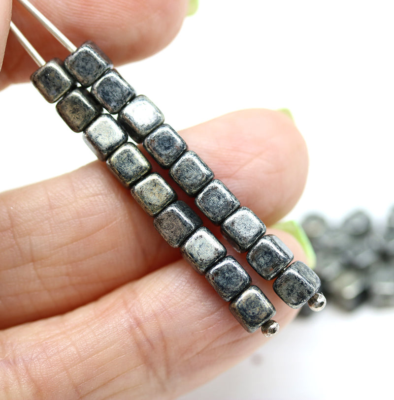 5mm Black silver cube czech glass beads, 40pc