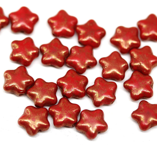 8mm Red goldish luster czech glass star beads, 20pc