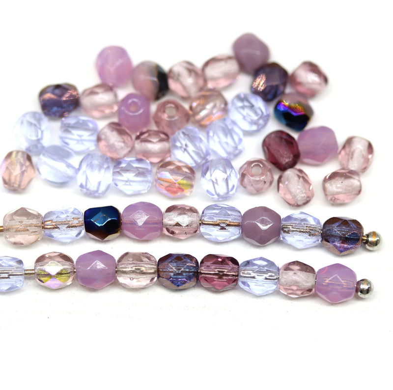 4mm Lilac purple Czech glass beads mix fire polished - 50Pc