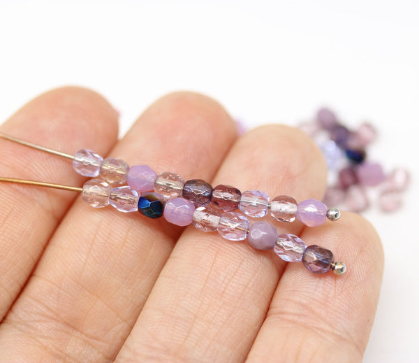 4mm Lilac purple Czech glass beads mix fire polished - 50Pc