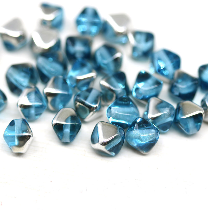 6mm Aqua blue silver bicone Czech glass beads, 30Pc