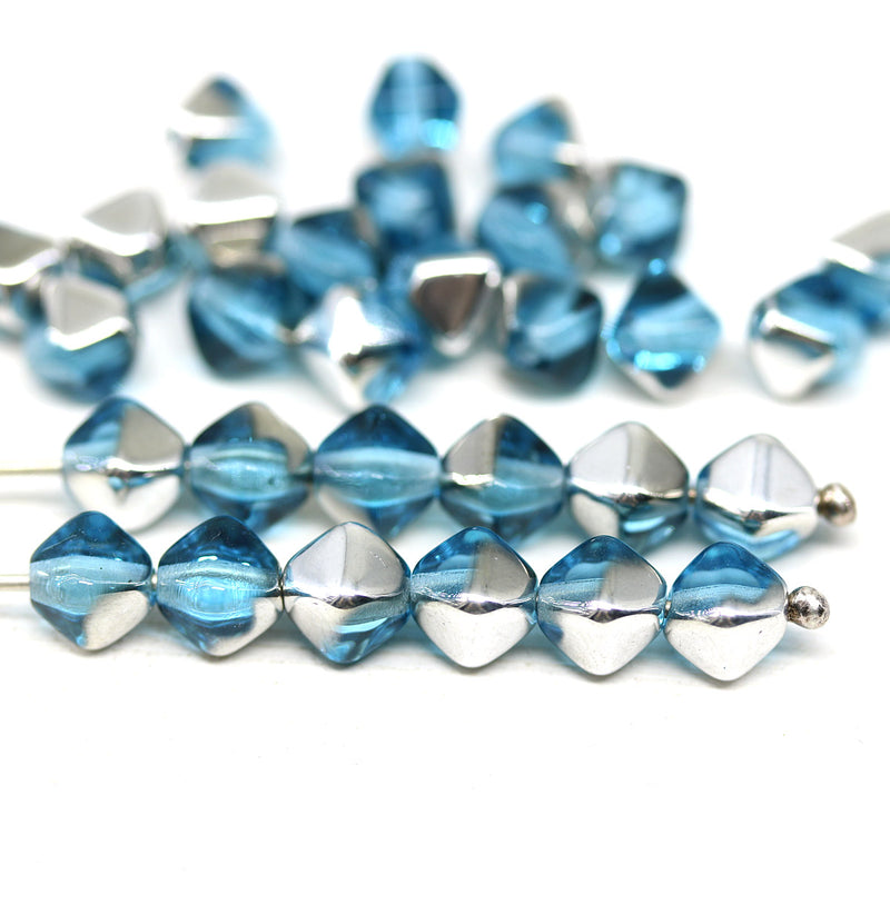 6mm Aqua blue silver bicone Czech glass beads, 30Pc
