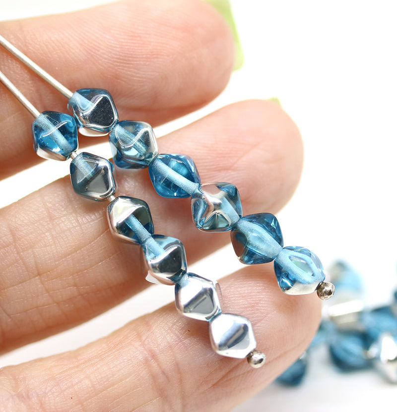 6mm Aqua blue silver bicone Czech glass beads, 30Pc