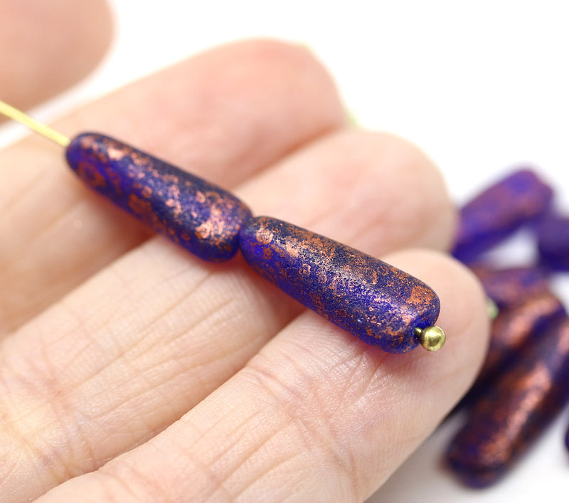 17x6mm Long cobalt blue triangle beads copper flakes Czech glass, 10Pc