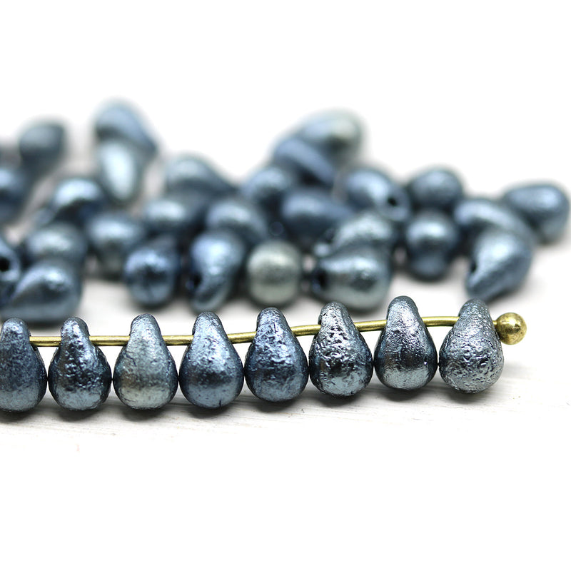 4x6mm Blue gray rustic small drops czech glass 40pc