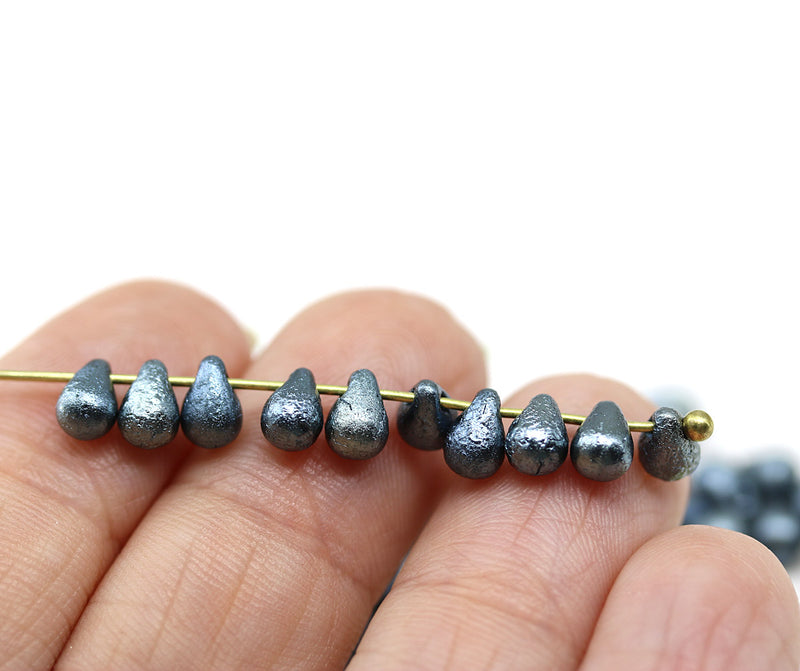 4x6mm Blue gray rustic small drops czech glass 40pc