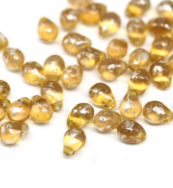 5x7mm Light brown teardrops, czech glass beads Silver wash