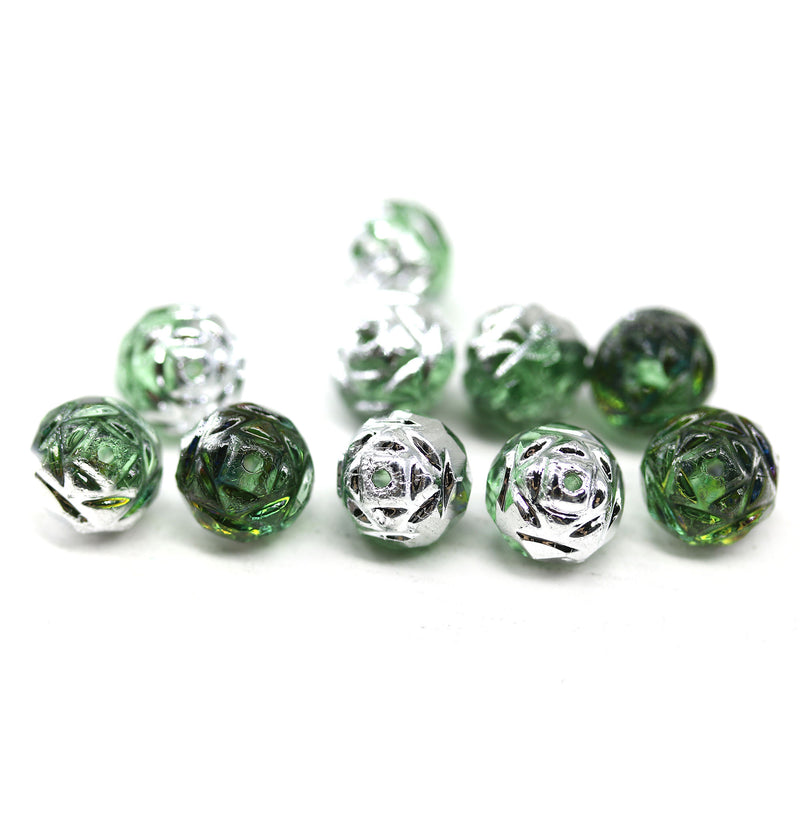 8mm Green rose bud flower round fire polished beads 10pc