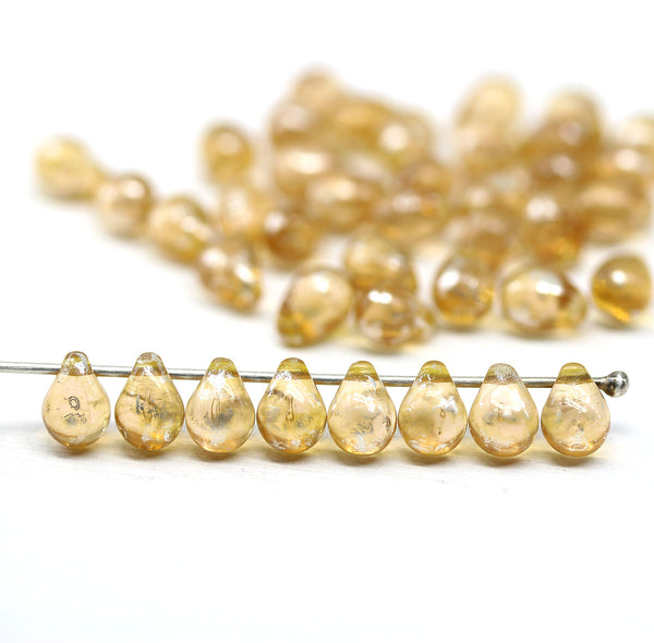 5x7mm Light brown teardrops, czech glass beads Silver wash