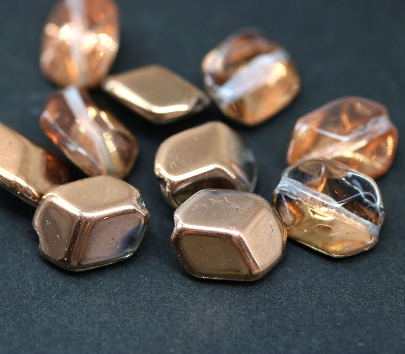 14x10mm Large geometry hexagon bright copper Czech glass beads, 10pc