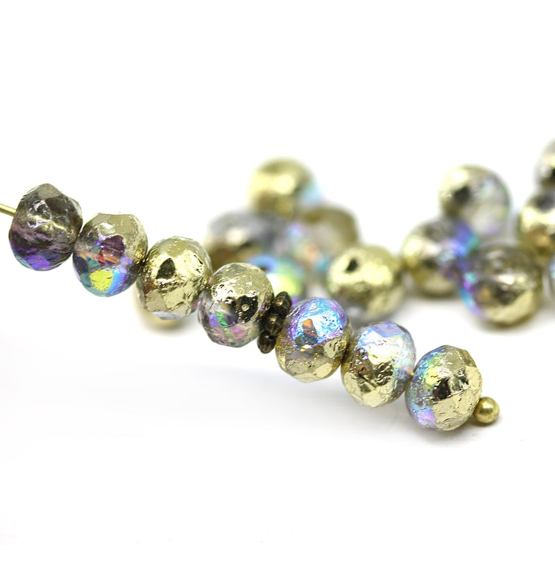 5x7mm Rustic gold AB finish czech glass rondelle beads seaglass finish 20pc