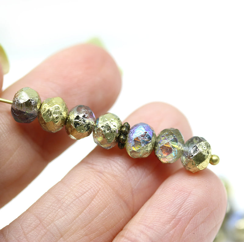 5x7mm Rustic gold AB finish czech glass rondelle beads seaglass finish 20pc