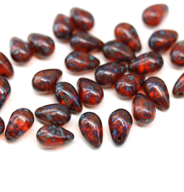 6x9mm Dark topaz czech glass teardrop beads picasso 