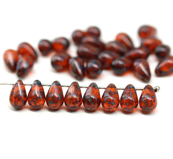 6x9mm Dark topaz czech glass teardrop beads picasso 