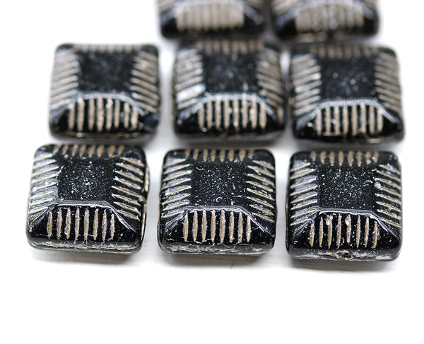 14mm Large carved square czech glass thick beads black silver, 8Pc
