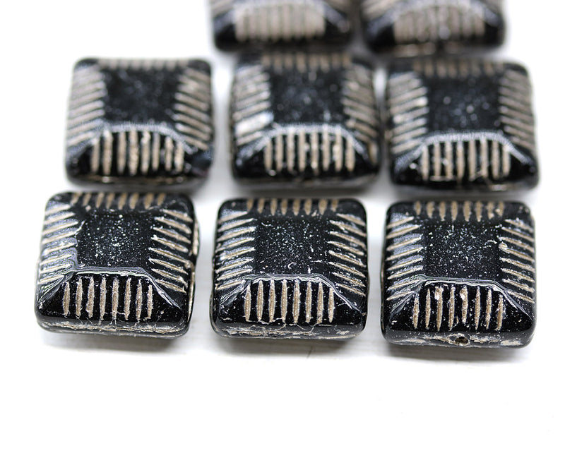 14mm Large carved square czech glass thick beads black silver, 8Pc