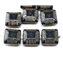 14mm Large carved square czech glass thick beads black silver, 8Pc