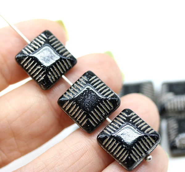14mm Large carved square czech glass thick beads black silver, 8Pc