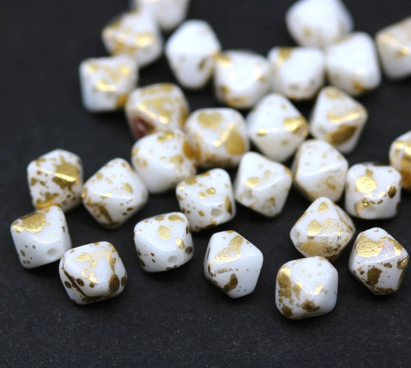 6mm White gold flakes bicone Czech glass beads, 30Pc