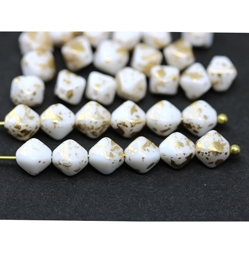 6mm White gold flakes bicone Czech glass beads, 30Pc