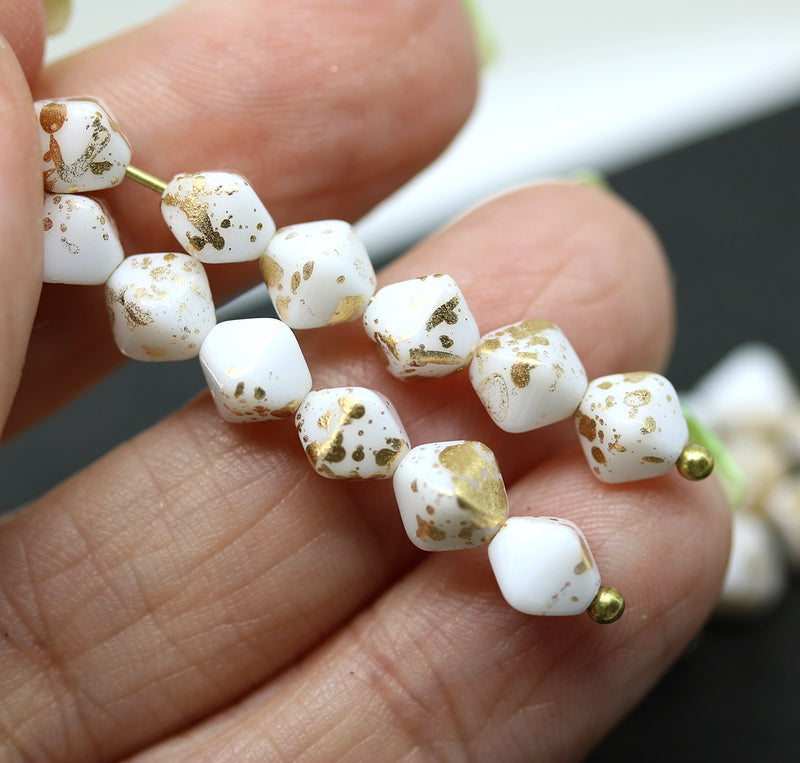 6mm White gold flakes bicone Czech glass beads, 30Pc
