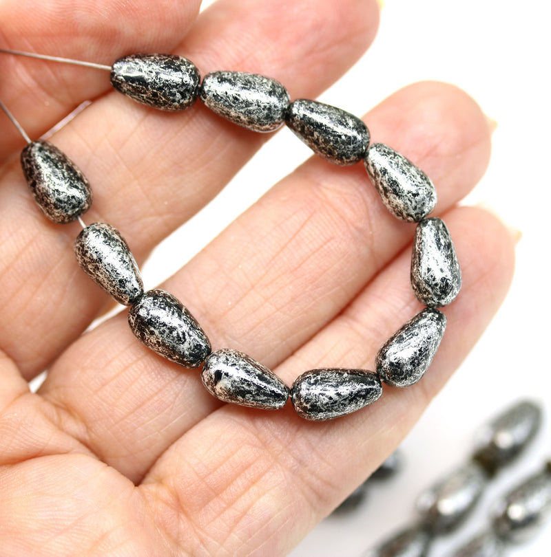 9x6mm Silver wash teardrop black czech glass pear beads 20pc