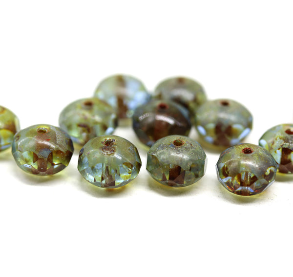 6x8mm Blue Czech glass fire polished rondelle beads Picasso finish - 12Pc