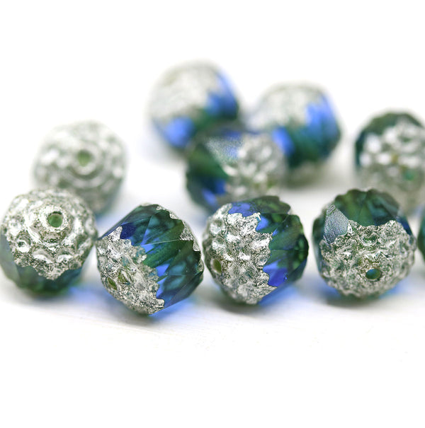 8mm Blue green cathedral beads Czech glass silver ends 