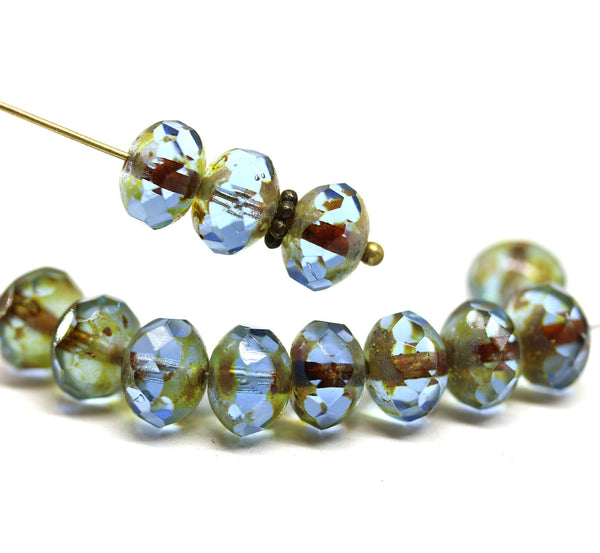 6x8mm Blue Czech glass fire polished rondelle beads Picasso finish - 12Pc