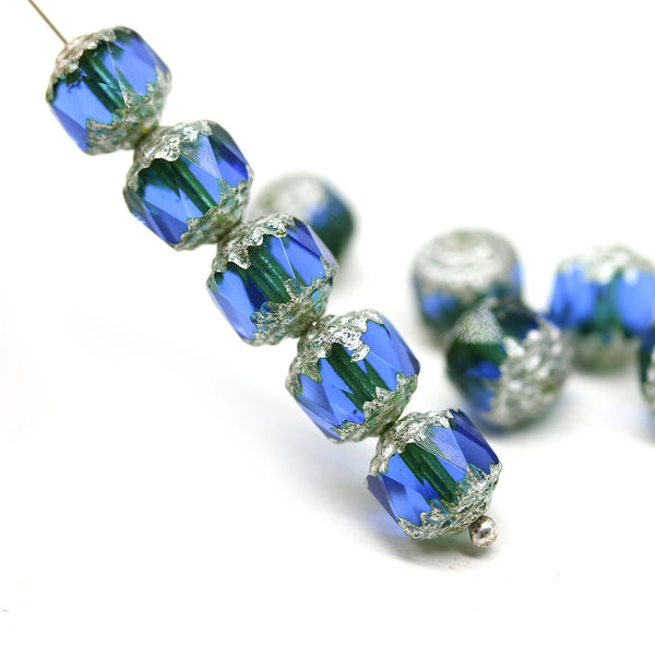 8mm Blue green cathedral beads Czech glass silver ends 