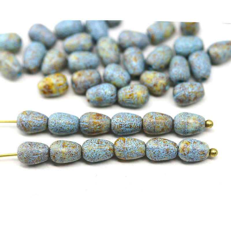 7x5mm Blue teardrop rustic wash czech glass picasso pear beads, 40pc