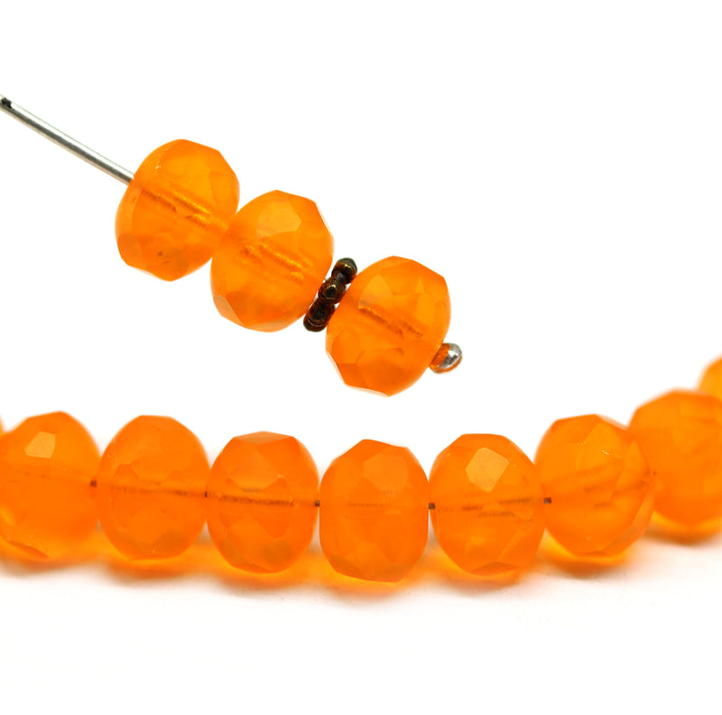 6x8mm Frosted orange Czech glass fire polished rondelle beads - 12Pc