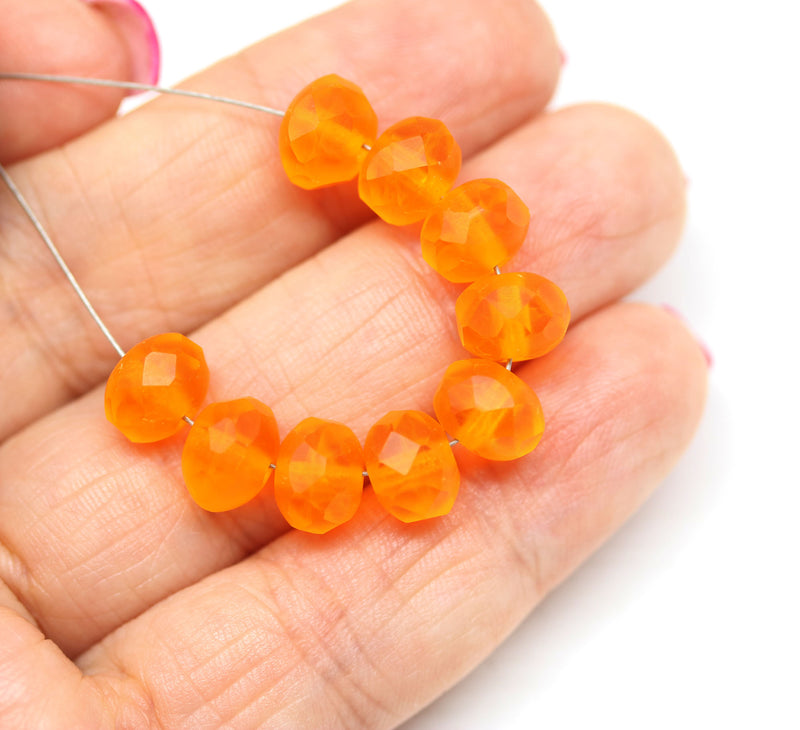 6x8mm Frosted orange Czech glass fire polished rondelle beads - 12Pc
