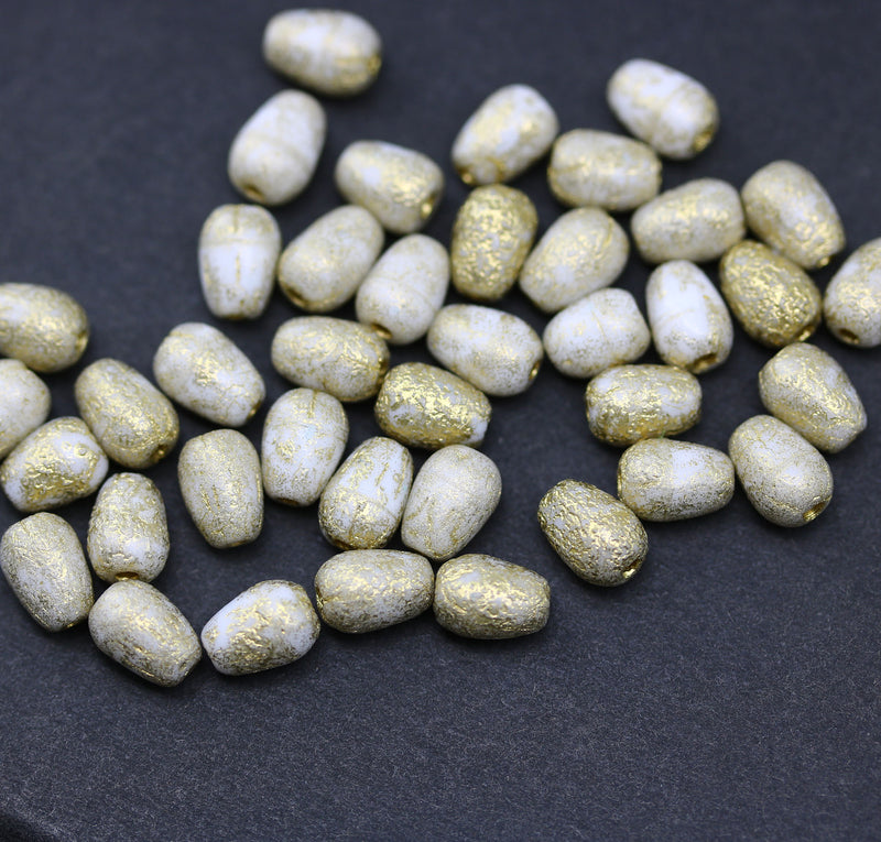 7x5mm White teardrop golden wash czech glass pear beads, 40pc - 3994